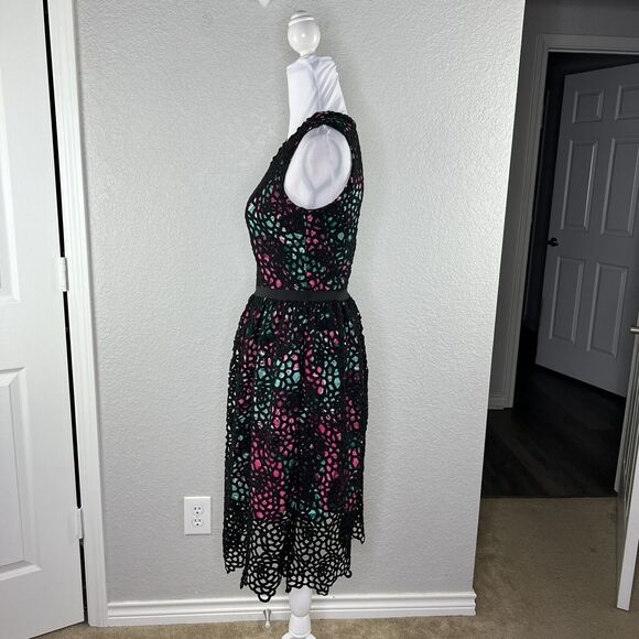 WOLVEN Anthropologie Size 2 Lace Laser Cut Overlay Floral Dress Pockets - Picture 4 of 8